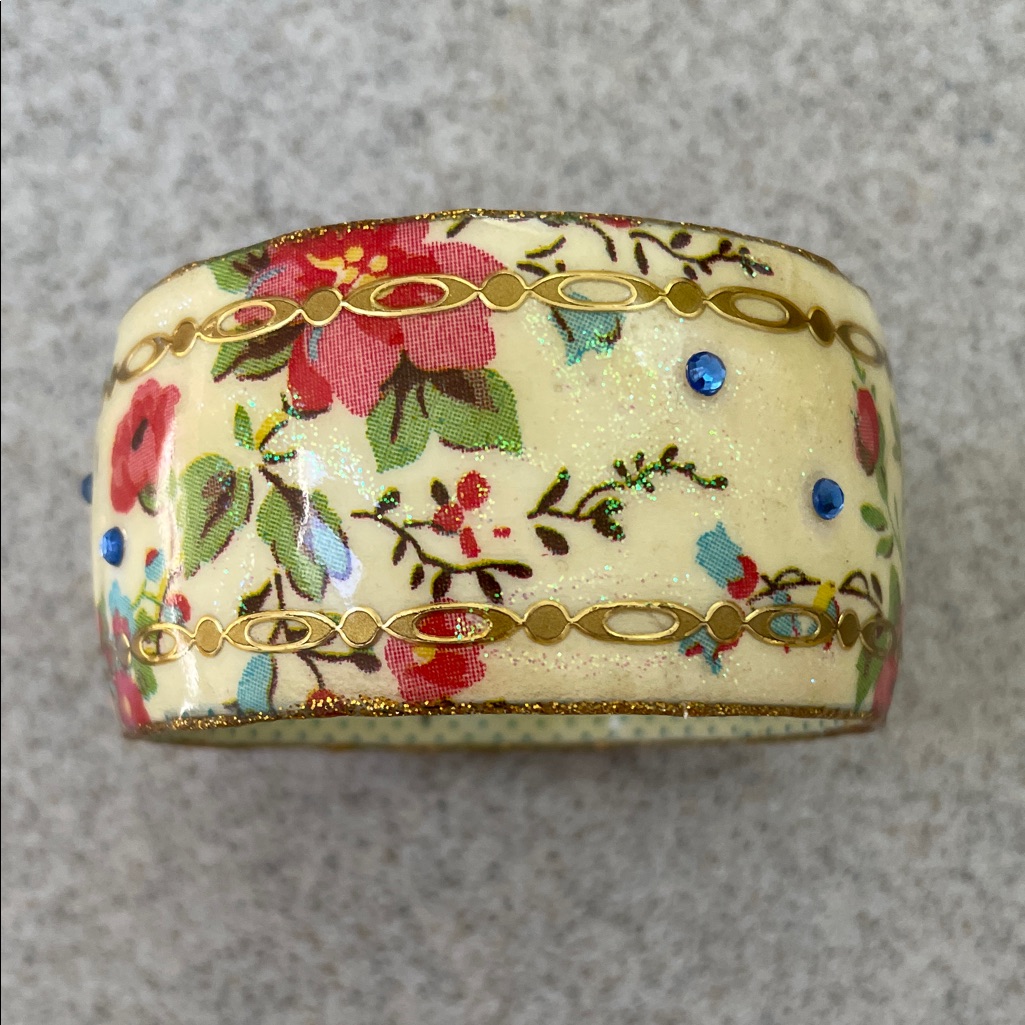 Iris Cream Bangle With Pink Floral And Gold Details